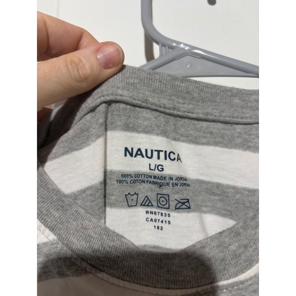 Nautica Mens Large Grey White‎ Striped Short Sleeve Cotton T-Shirt Crewneck Logo - Picture 4 of 4